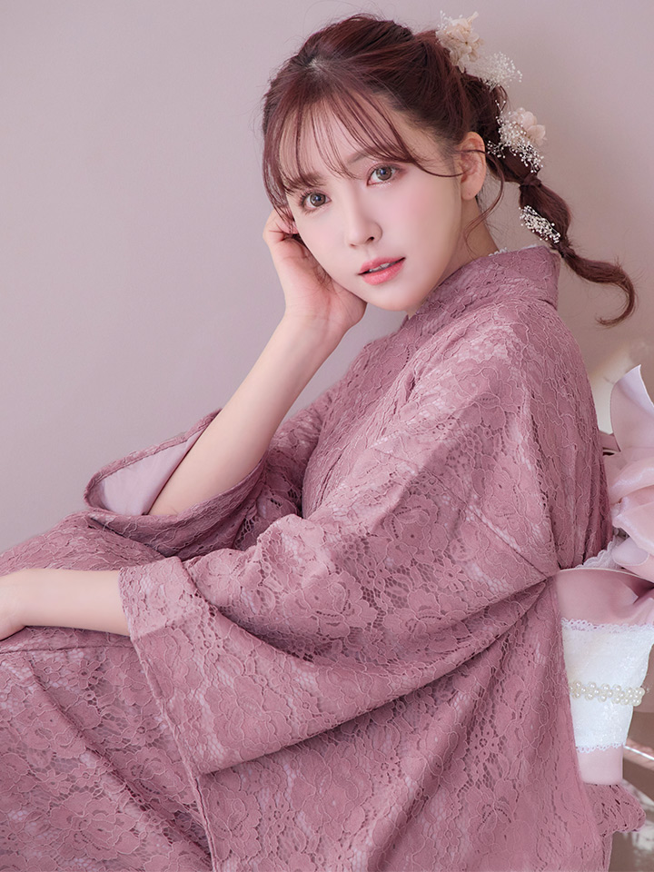 即日発送】ダスティピンクのレース浴衣【浴衣3点セット 浴衣/帯/下駄