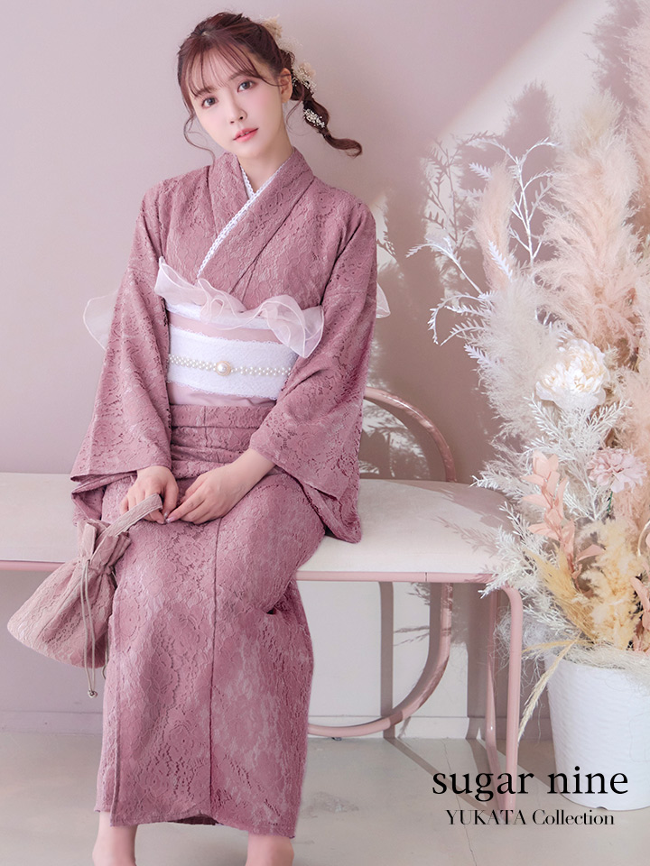 即日発送】ダスティピンクのレース浴衣【浴衣3点セット 浴衣/帯/下駄