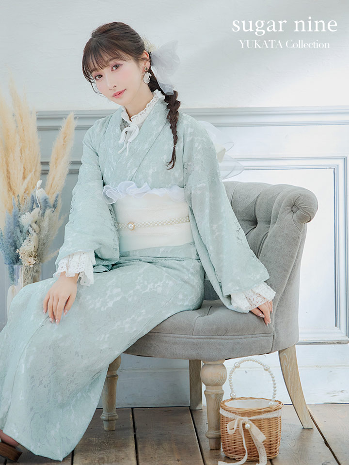 即日発送】ダスティーミントのレース浴衣【浴衣3点セット 浴衣/帯