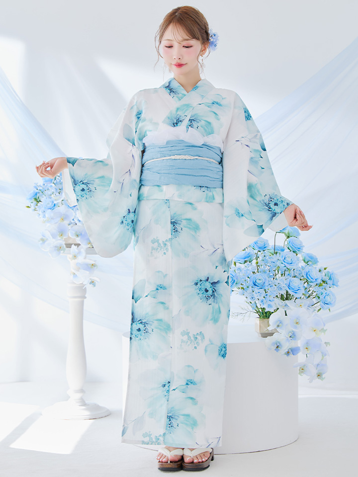 即日発送】ブルーグレイニュアンスフラワー浴衣【浴衣3点セット】[OF04