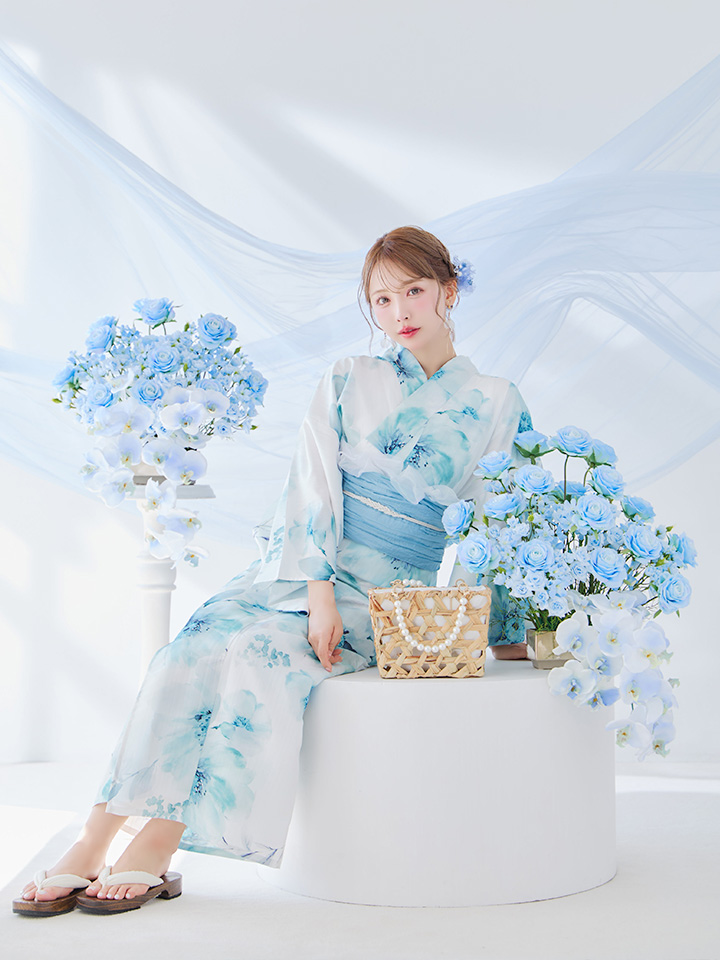 即日発送】ブルーグレイニュアンスフラワー浴衣【浴衣3点セット】[OF04