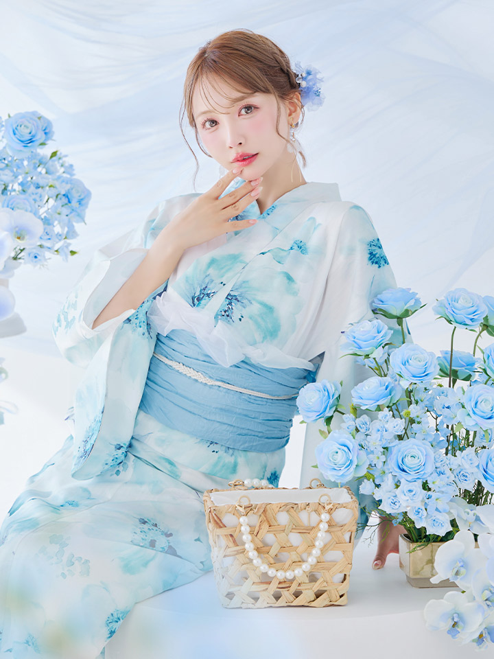 即日発送】ブルーグレイニュアンスフラワー浴衣【浴衣3点セット】[OF04