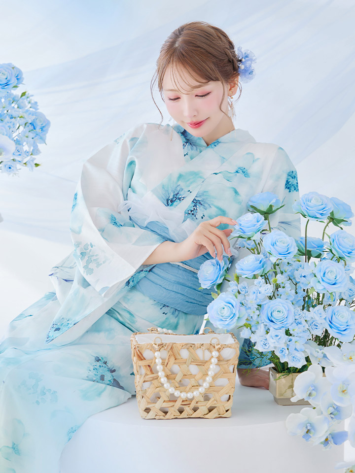 即日発送】ブルーグレイニュアンスフラワー浴衣【浴衣3点セット】[OF04