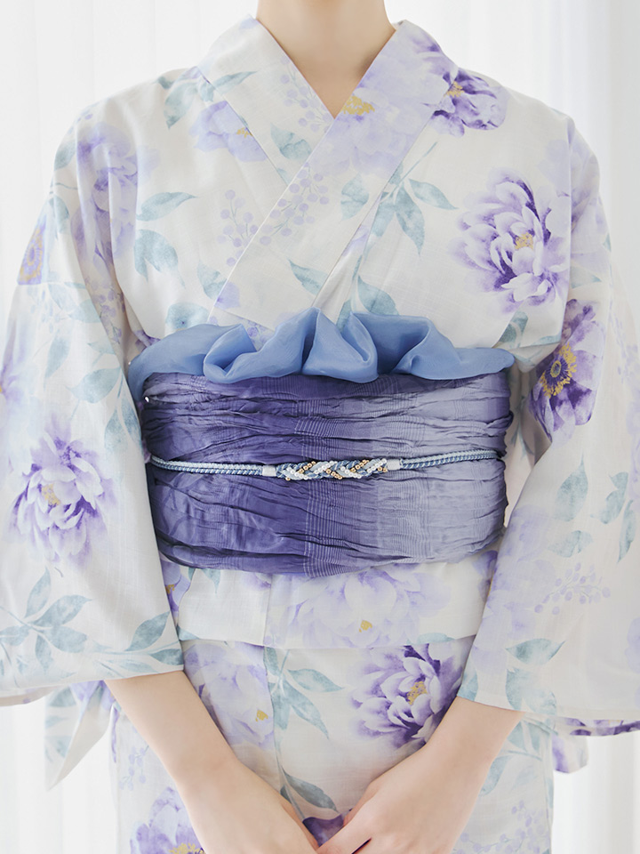 即日発送】水彩紫牡丹柄浴衣【浴衣3点セット 浴衣/帯/下駄】[OF04