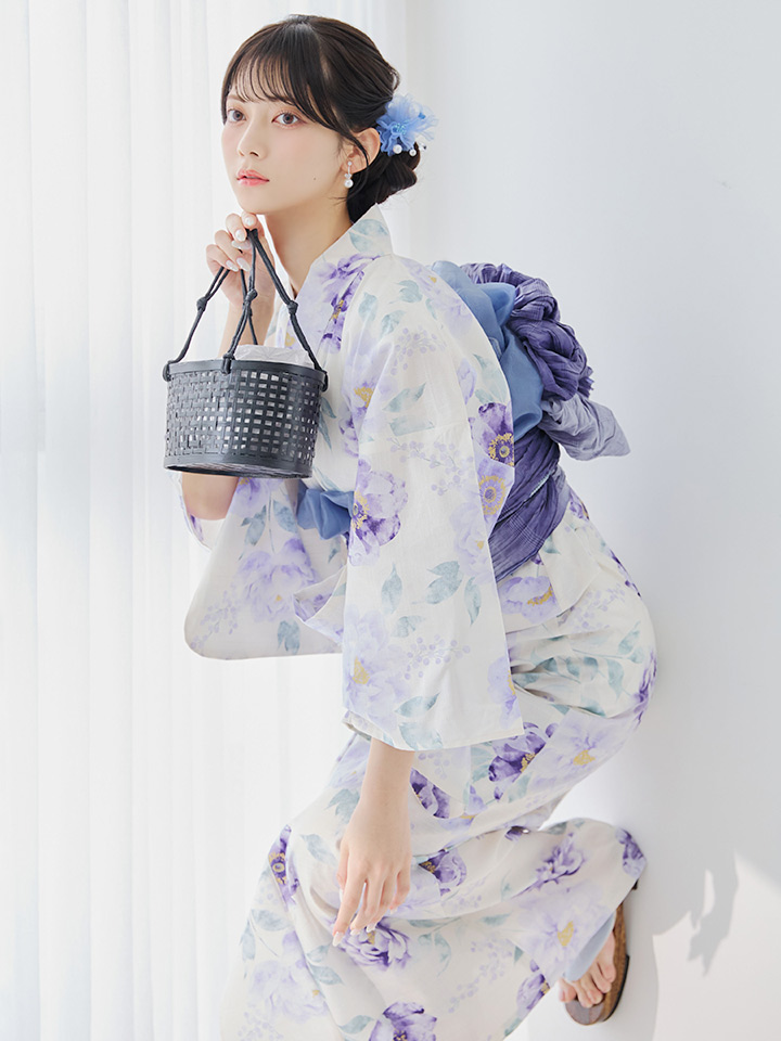 即日発送】水彩紫牡丹柄浴衣【浴衣3点セット 浴衣/帯/下駄】[OF04