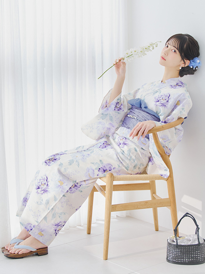 即日発送】水彩紫牡丹柄浴衣【浴衣3点セット 浴衣/帯/下駄】[OF04