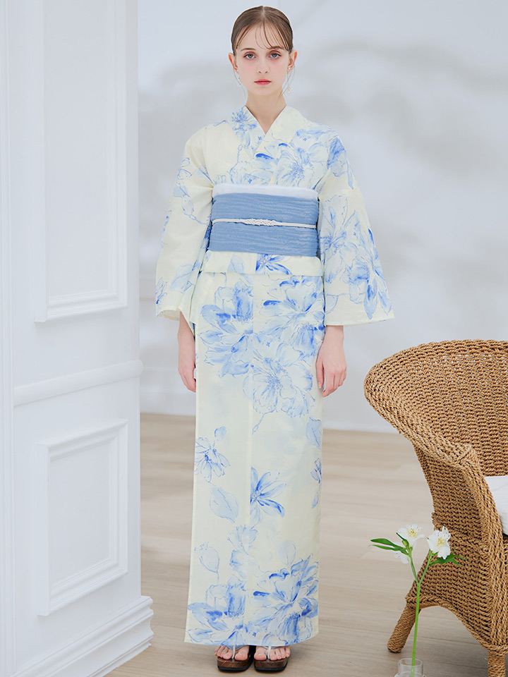 即日発送】グラデーションブルー牡丹和モダン浴衣【浴衣3点セット