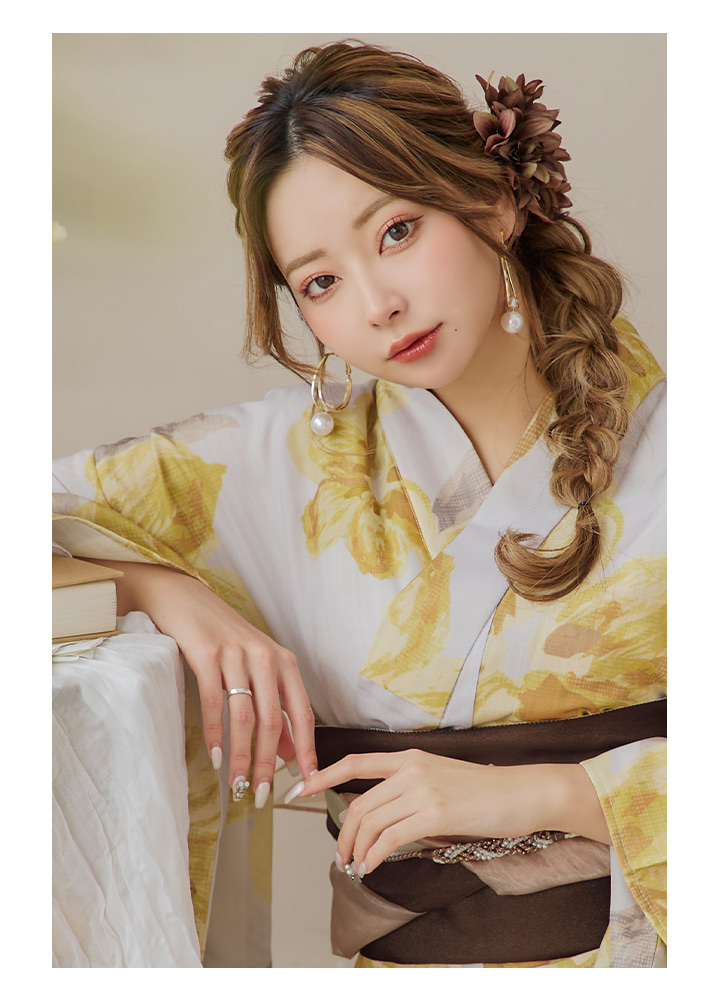 即日発送！】グレージュ×イエローフラワー浴衣 【浴衣3点セット 浴衣