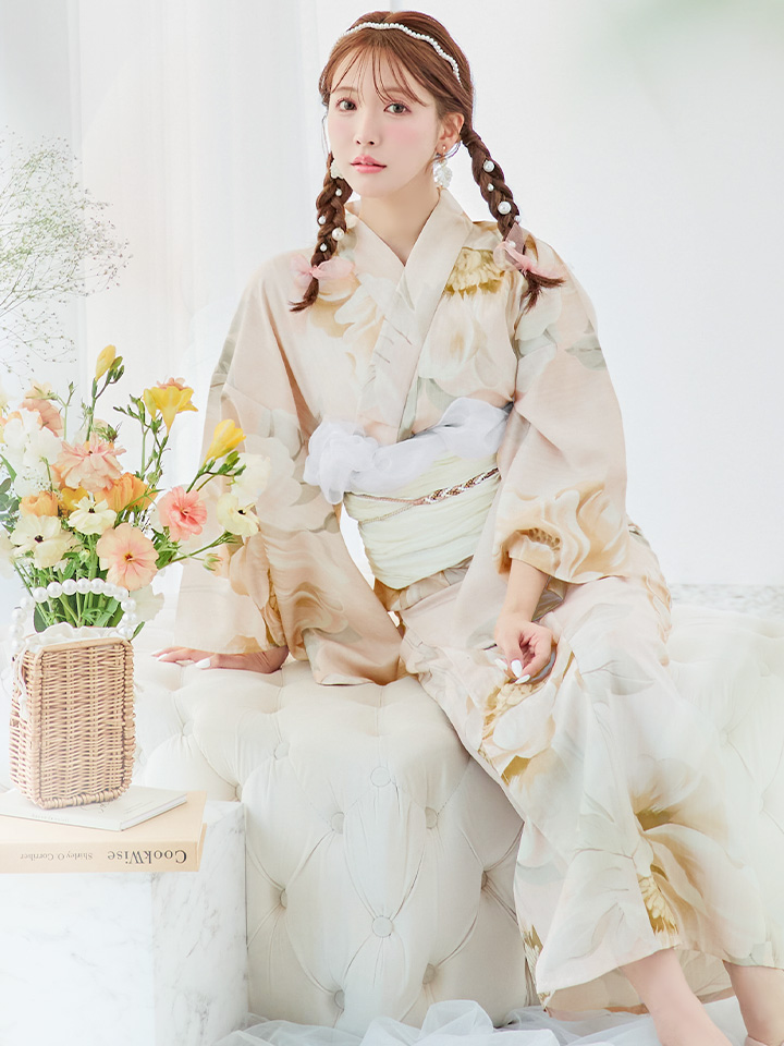 即日発送！】クリームイエローピオニー浴衣【浴衣3点セット 浴衣/帯