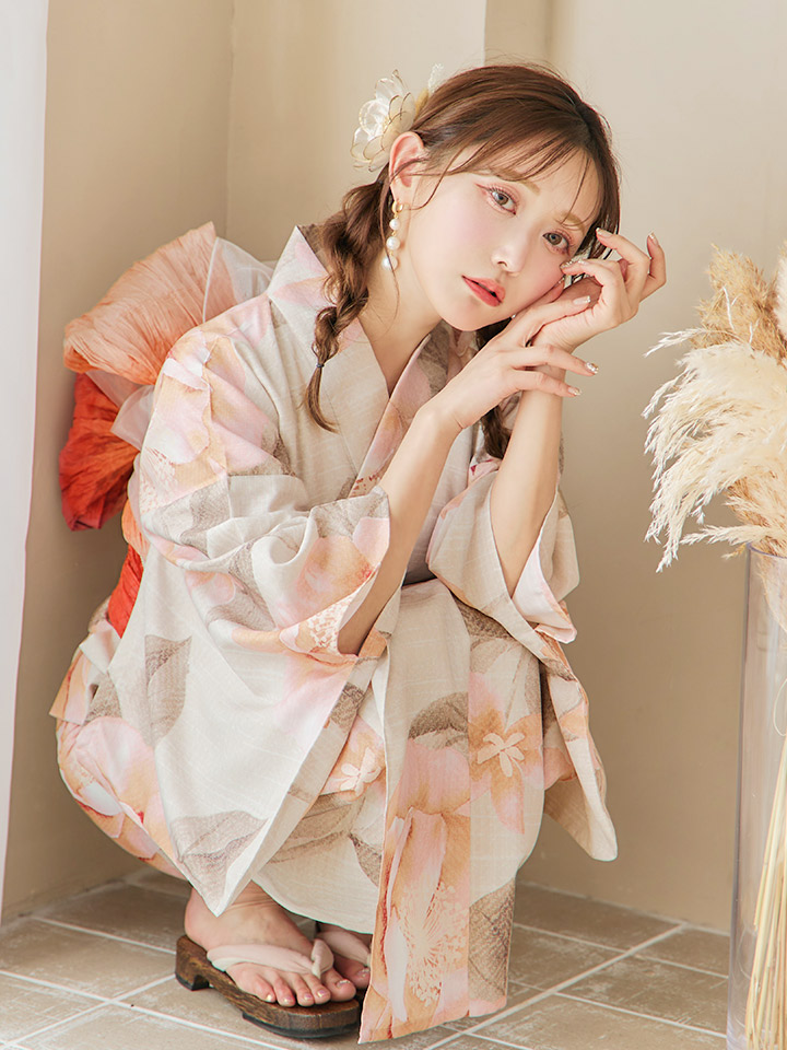 即日発送！】ピンクベージュ牡丹浴衣【浴衣3点セット 浴衣/帯/下駄