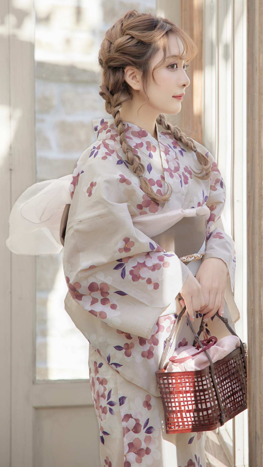 即日発送】【浴衣】クリーム地にピンクの紫陽花浴衣 【浴衣3点セット