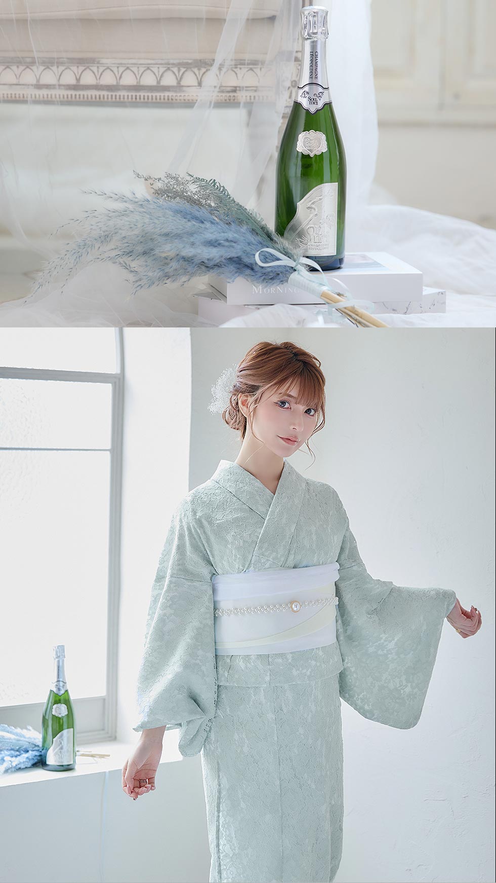 即日発送】ダスティーミントのレース浴衣【浴衣3点セット 浴衣/帯