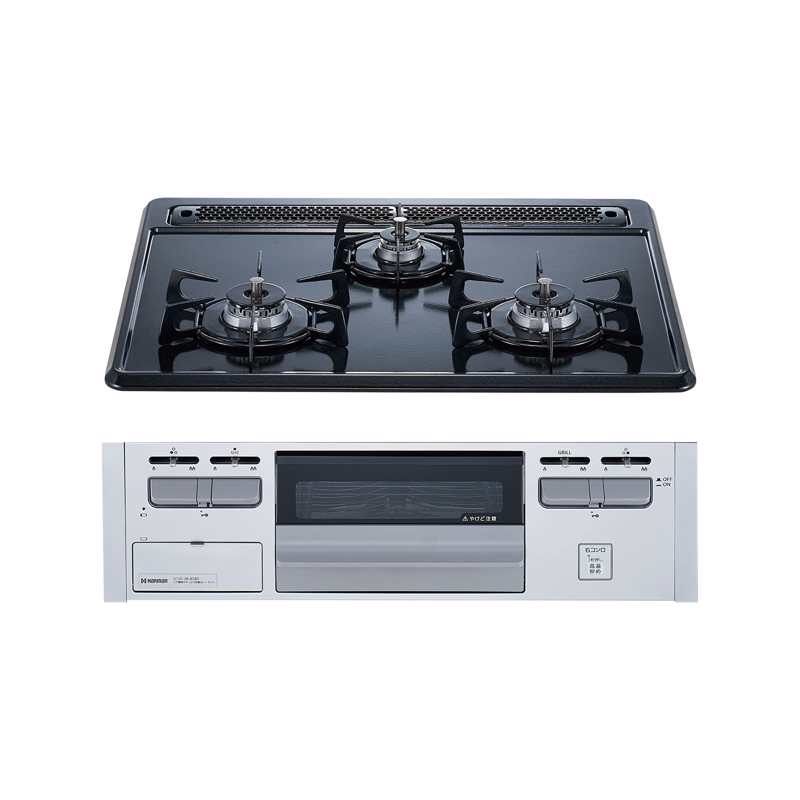 ガスコンロ ホーロートップ(BK) 3口 W600 グリル付き(SV) 都市ガス