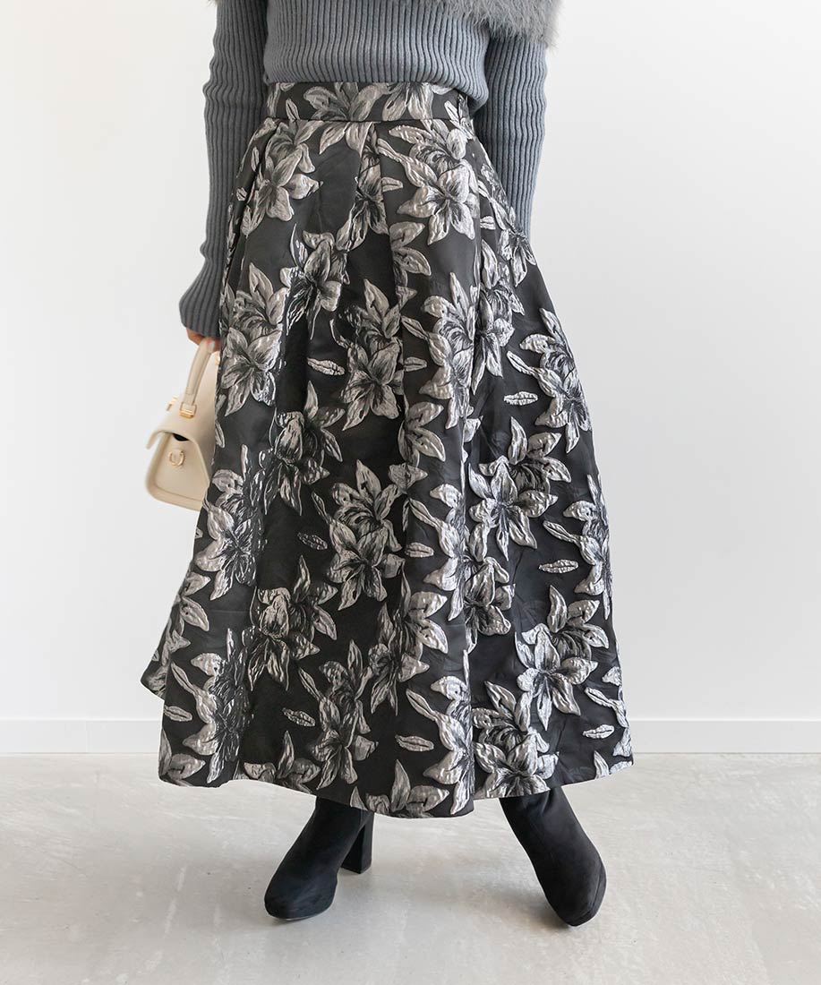 SALE】フラワージャガードフレアスカート