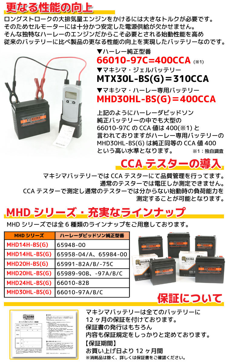 ロードサービス付き ハーレー用バッテリー:ジェルバッテリー/MHD30HL