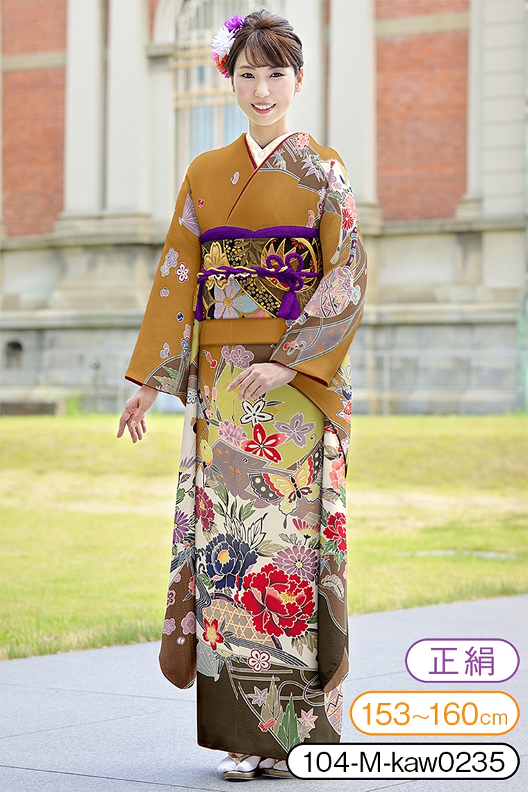 振袖レンタル 振袖Mサイズ 紅型風 扇面四季花 金茶｜着物レンタル 安心