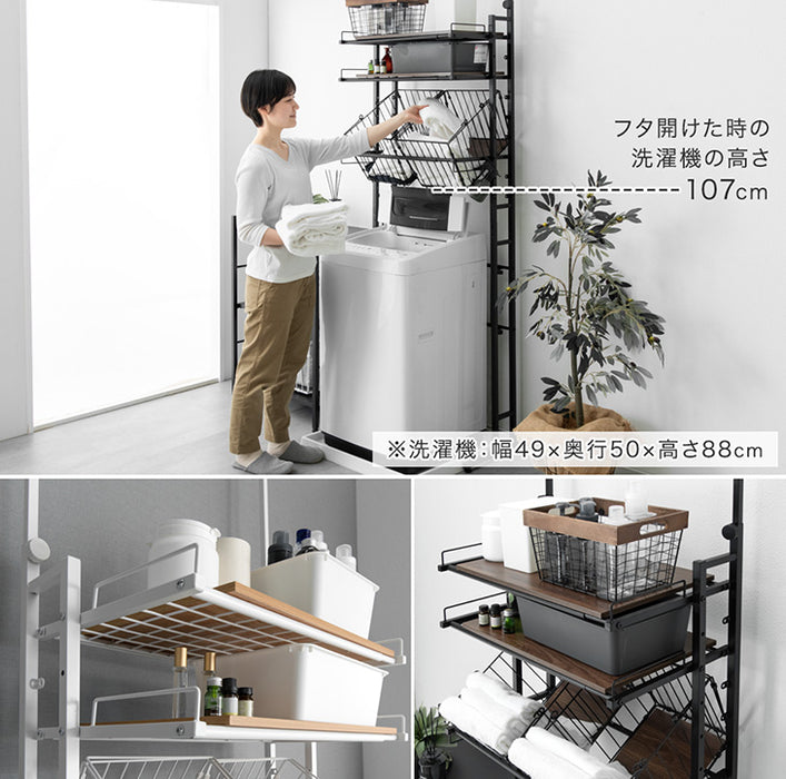 幅64～94] 突っ張り式ランドリーラック 伸縮 バスケット付 棚板 高さ