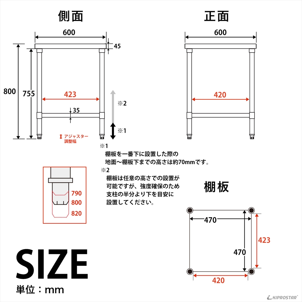 ステンレス作業台 板厚1.2mmモデル 600×600×800 業務用