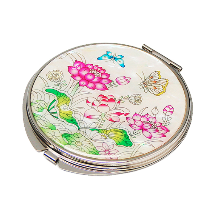 天然貝 コンパクトミラー（蓮白）シェル・螺鈿 韓国 ミラー 鏡