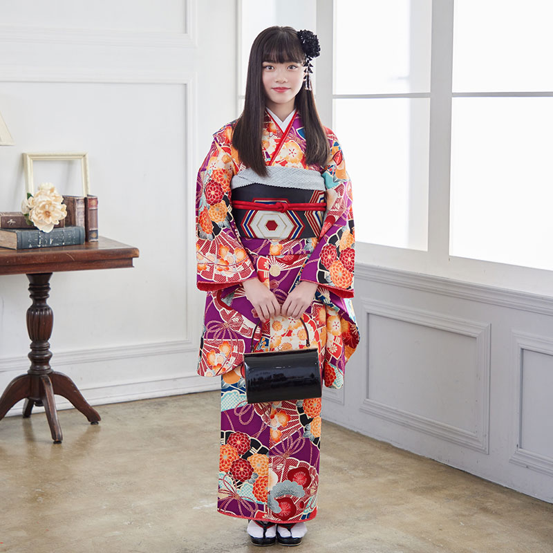 小・中学生振袖：A065 九重 紫 花扇(G682)(A382)│ 振袖レンタル