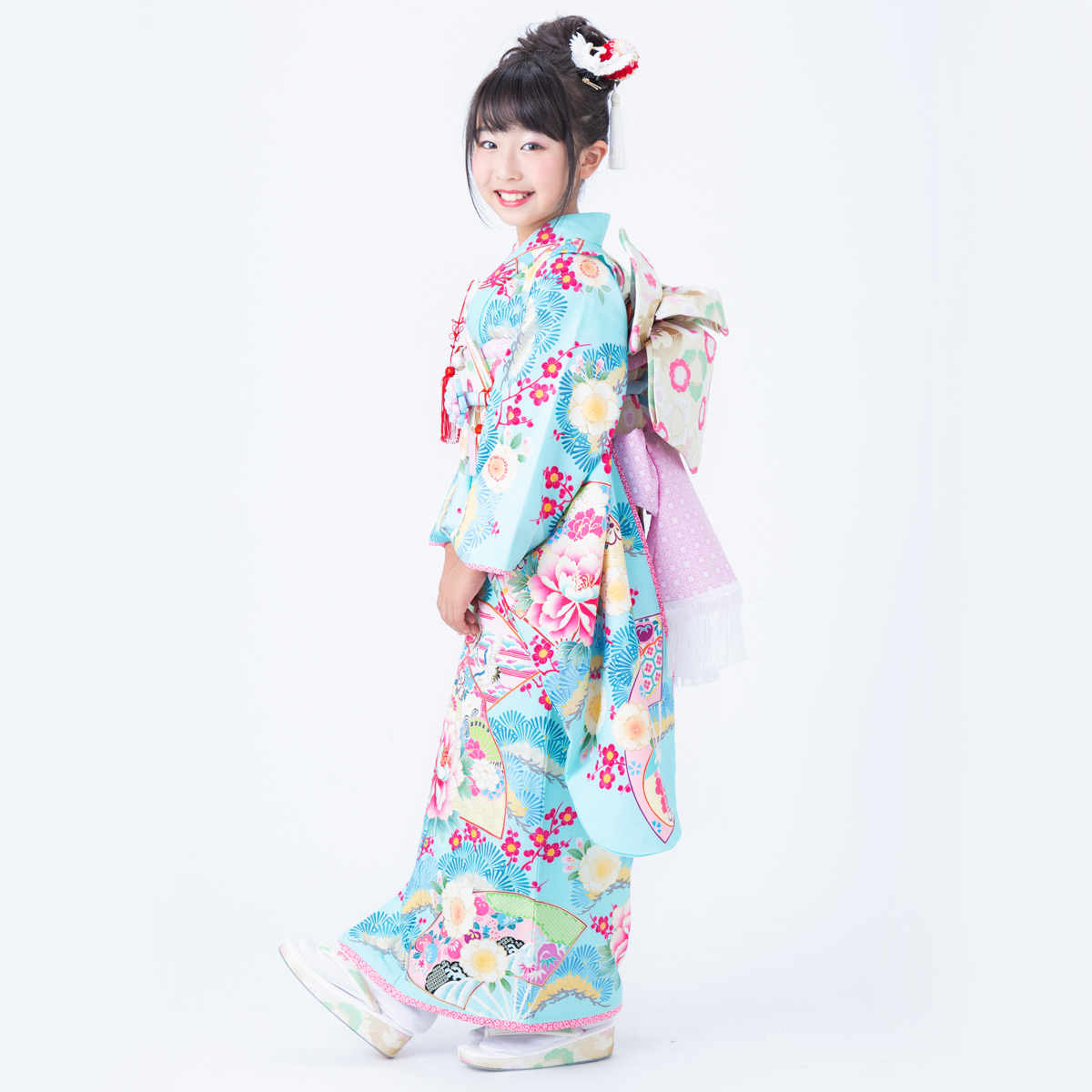 七五三七歳四つ身：N057 乙葉 水色 扇面松梅に牡丹 | 七五三着物