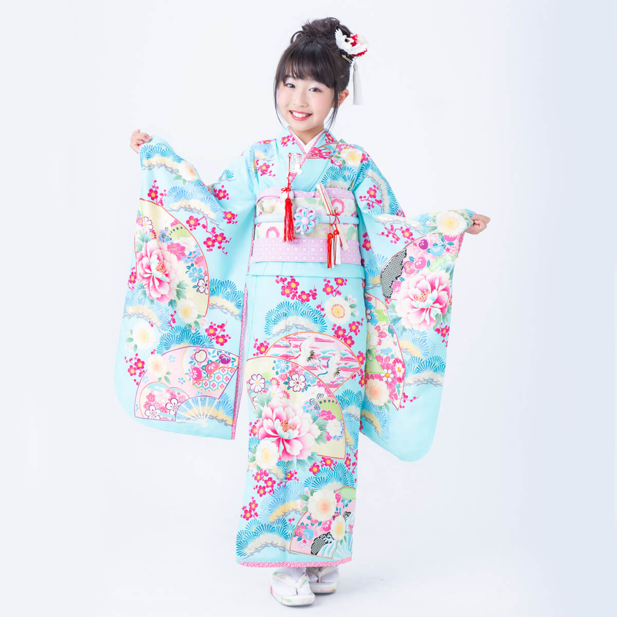 七五三七歳四つ身：N057 乙葉 水色 扇面松梅に牡丹 | 七五三着物
