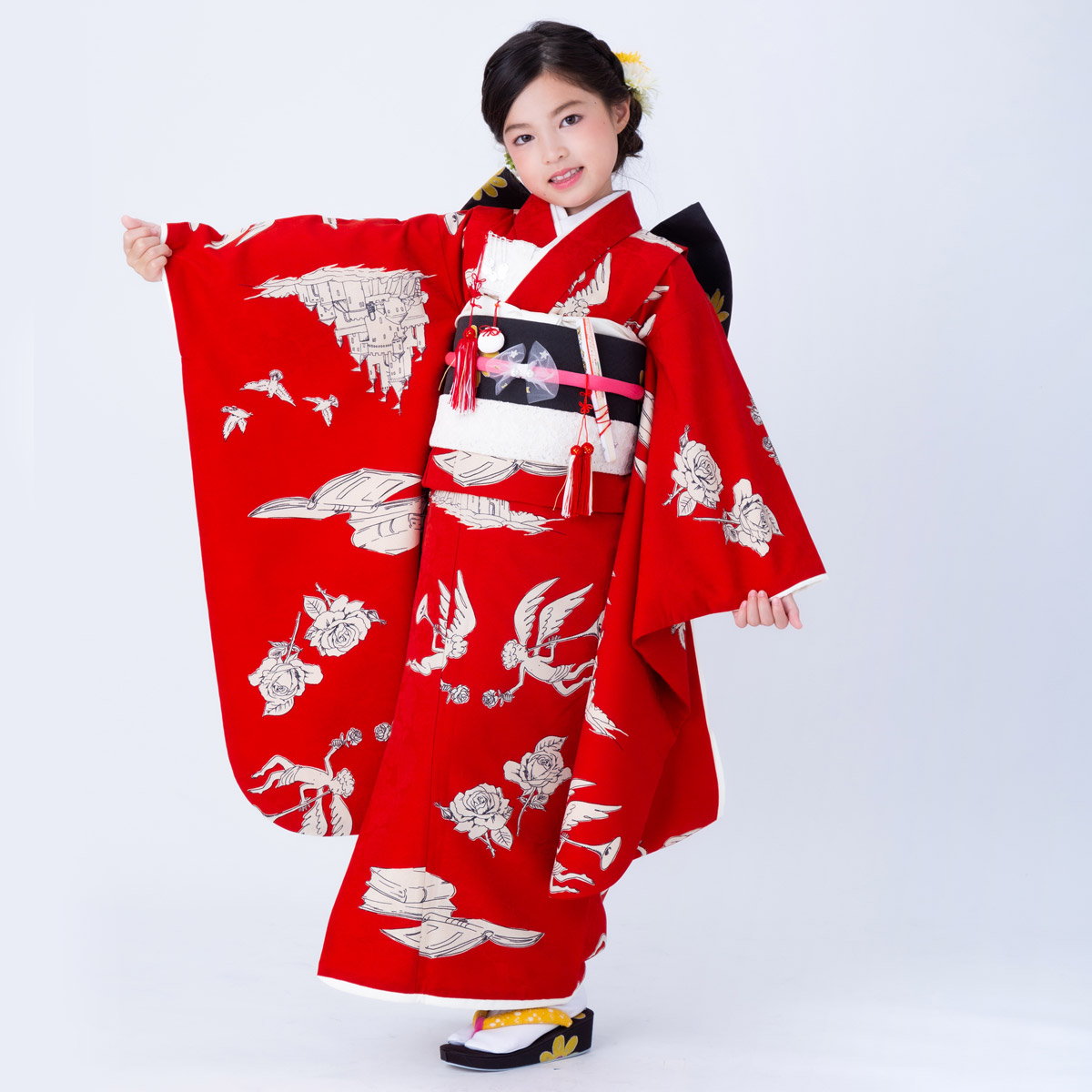 七五三七歳四つ身：N058 モダンアンテナ 赤 天使とお城 | 七五三着物