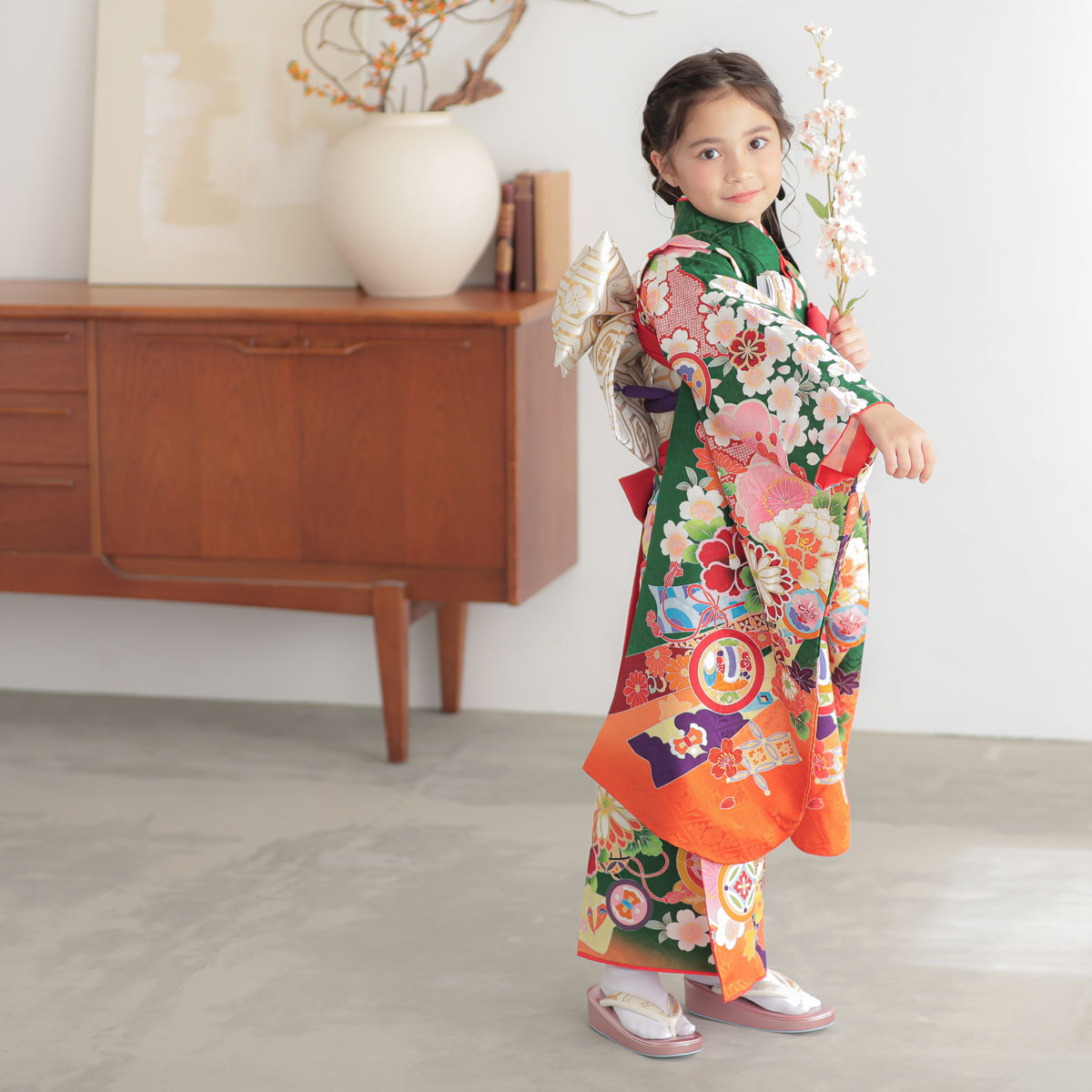 七五三七歳四つ身：N078 【正絹】緑 熨斗に花車 | 七五三着物レンタル