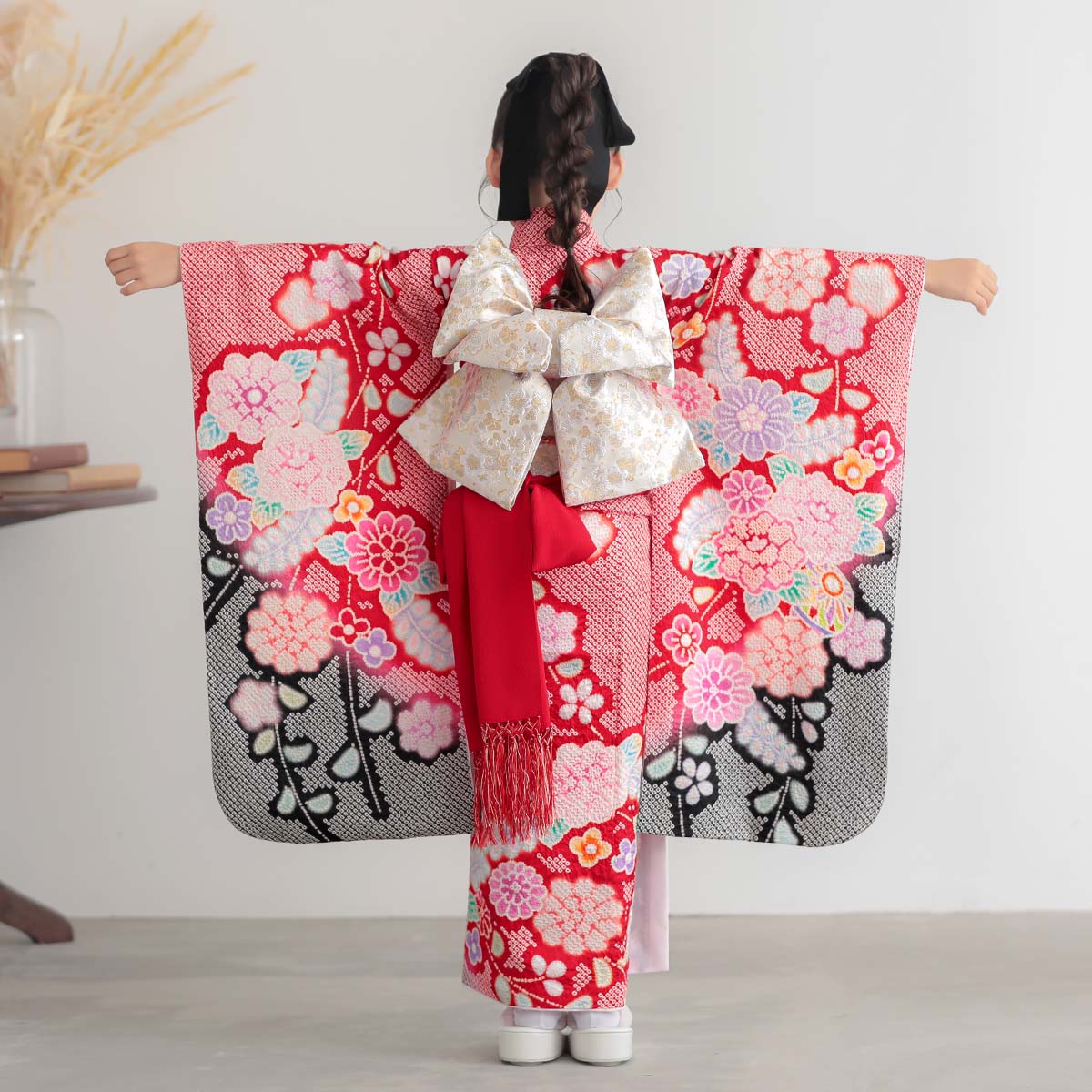 七五三七歳四つ身：N080 【正絹】赤 総絞り 牡丹に手毬 | 七五三着物