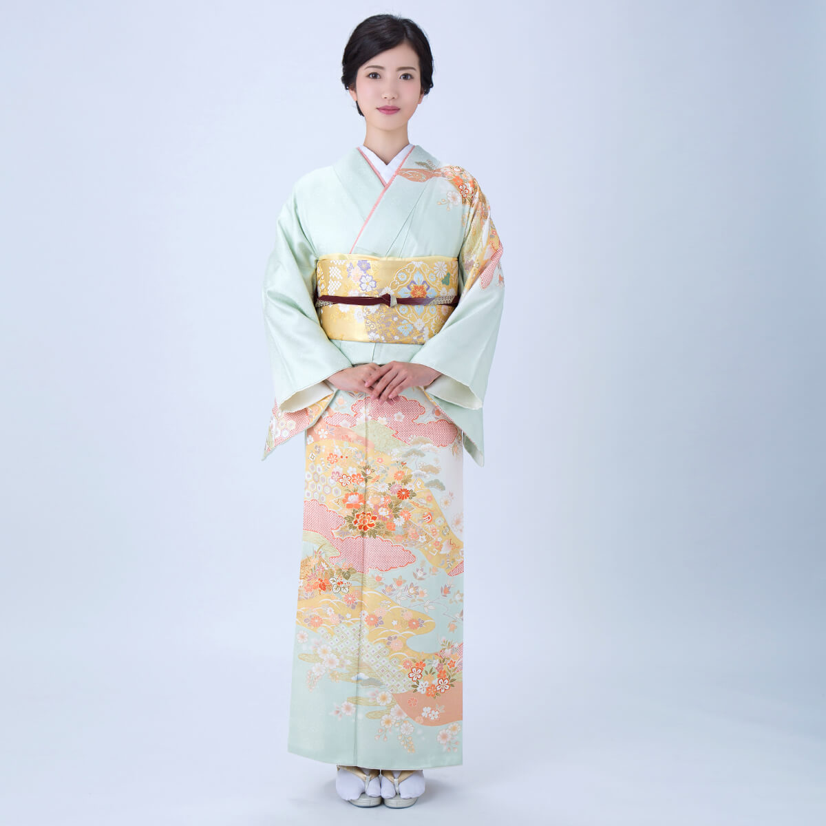 訪問着：H913 薄緑 雲取りに花々| 訪問着レンタル │ 京都着物レンタル夢館