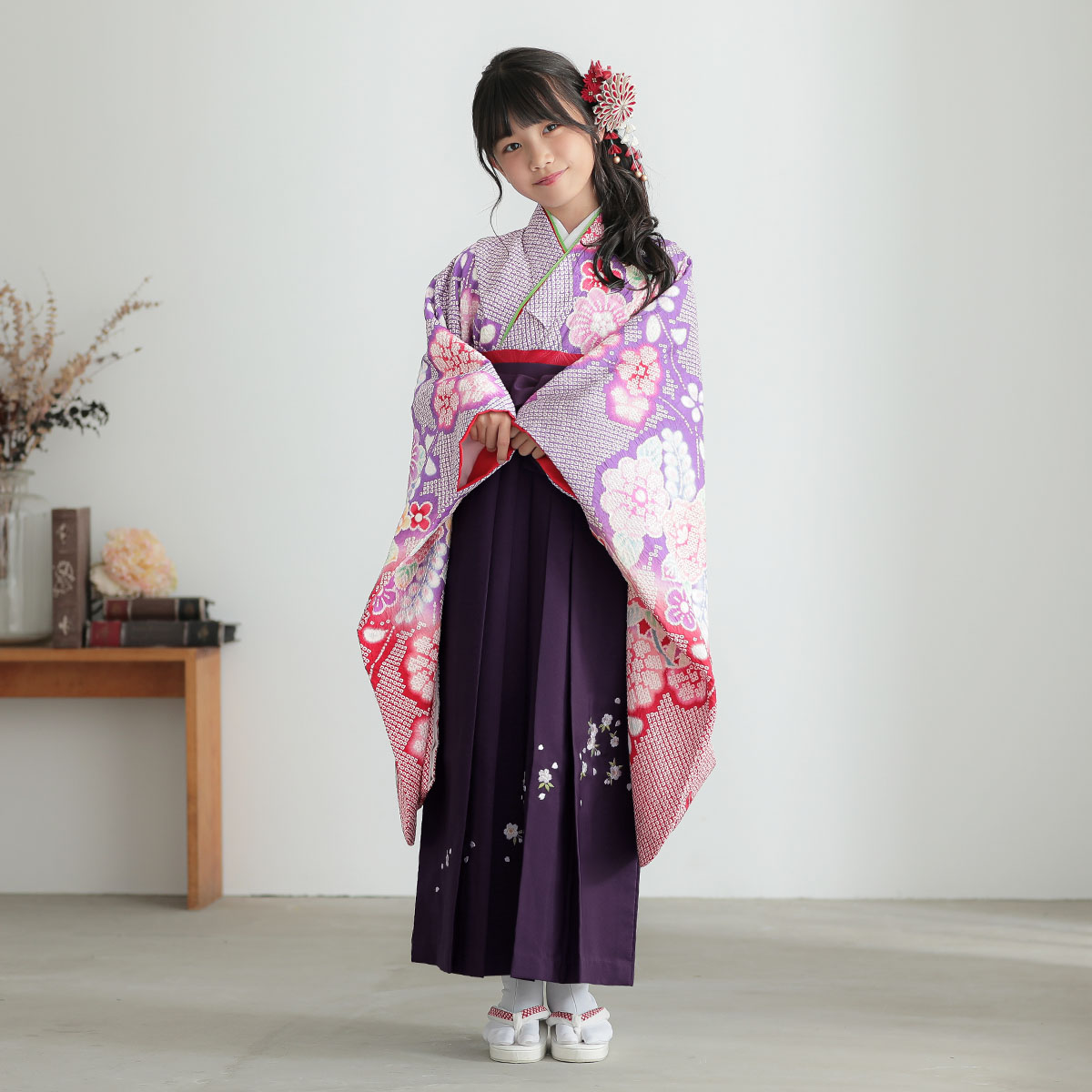 四つ身＋袴レンタル：N127 【正絹】紫 総絞り花々│ 袴レンタル