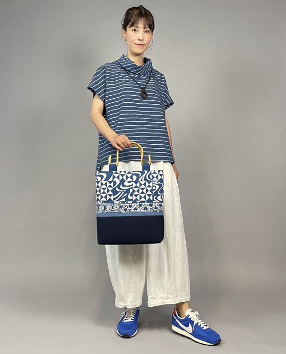 藍染めオリジナルトートバッグ 幾何学模様＆備後絣｜工房 徳元 TOKUGEN