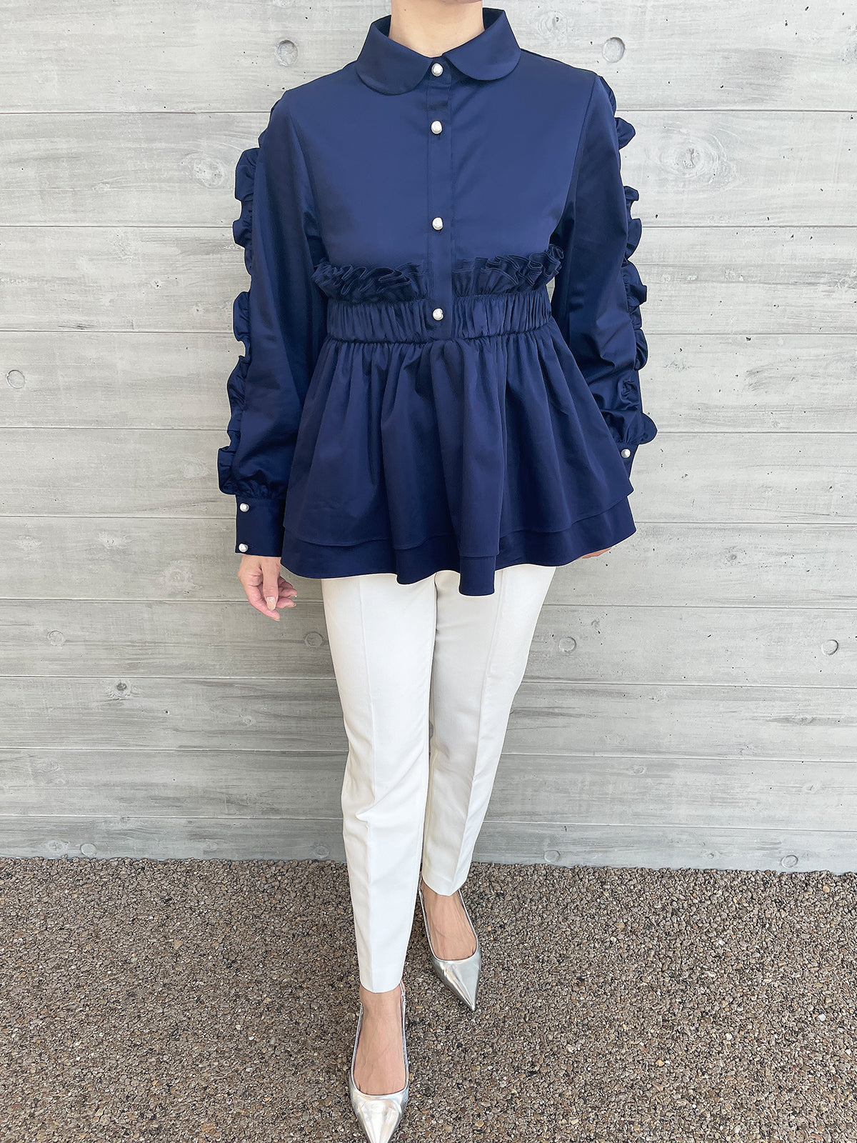 Peplum Frill Blouse Navy / ペプラムフリルブラウス ネイビー – youa