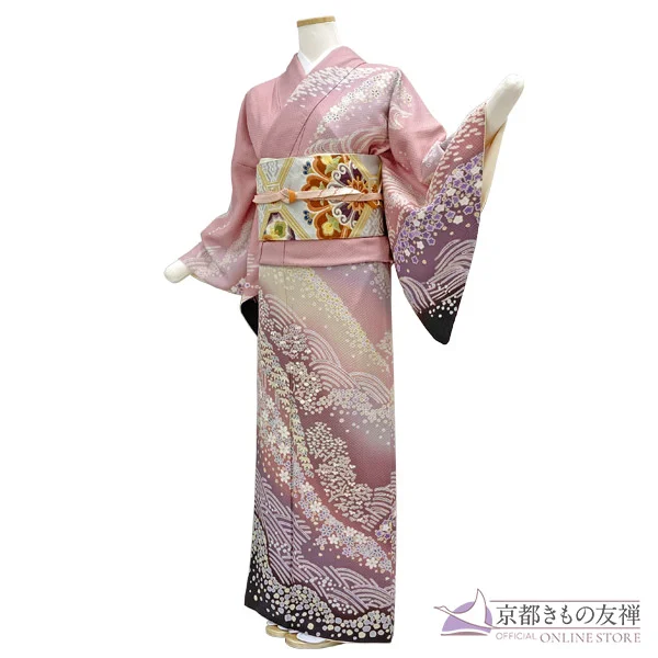 a2211406】【レンタル】訪問着 フルセット くすみピンク 絞り風 L
