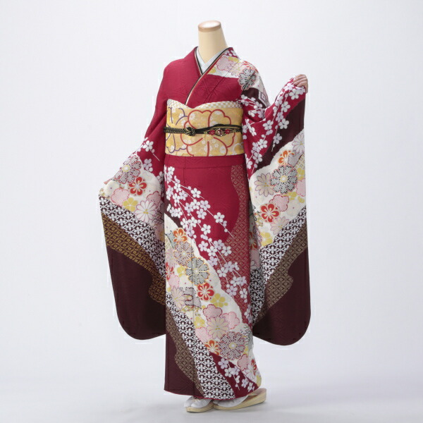 f0319018r2】【赤・ワイン系】振袖 レンタル フルセット Mサイズ