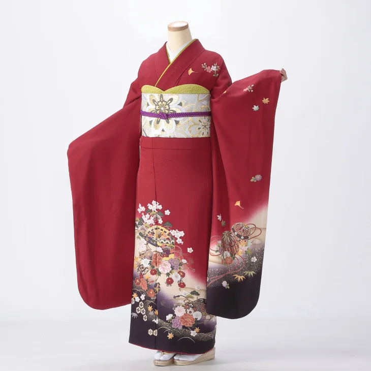 f0722322r】【赤・ワイン系】振袖 レンタル フルセット Lサイズ 【状態