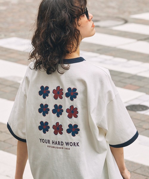 tシャツ ヴィンテージライクフラワープリントリンガーTシャツ