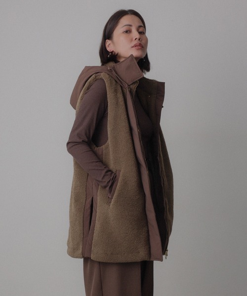 Floran ダウンベスト ベスト 薄中綿 ボア×ナイロン フードベスト