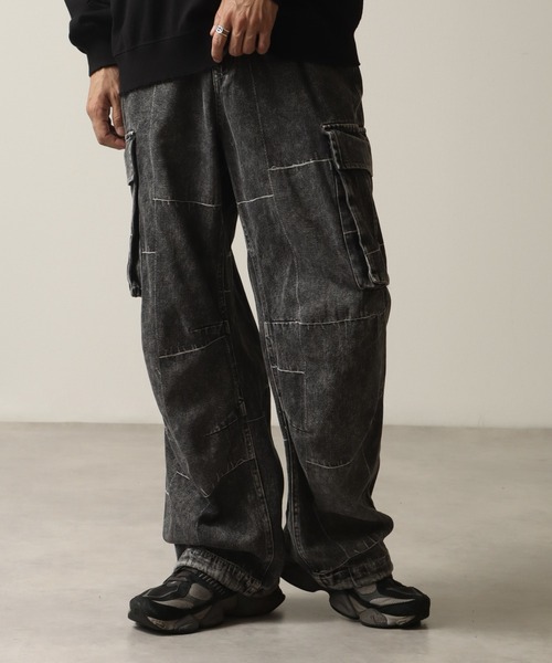 カーゴパンツ デニムパッチワークパターンカーゴパンツ メンズ
