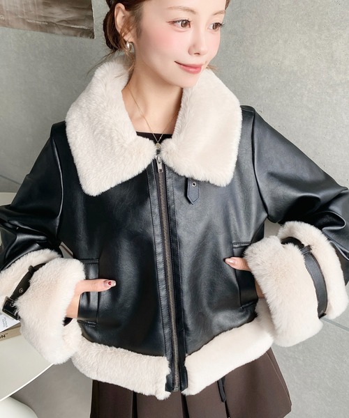 moment+ ムートンコート ボアコート フェイクレザー×フェイクファー