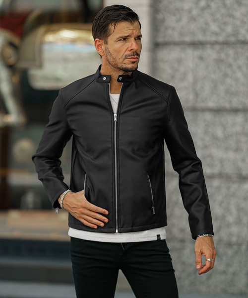 ブラックレザーシングルライダースジャケット STUDIOUSブラック