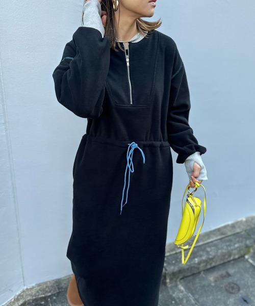 mi via loca ワンピース 配色フリースボア ハーフZIPロングワンピース