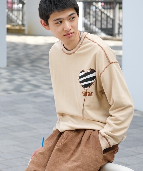 トレーナー スウェット HOOK -original- ゼブラ模様ハートパッチ飾り