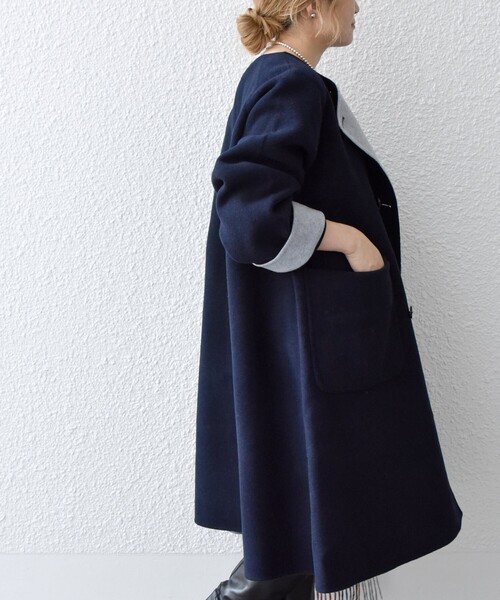 SHIPS any ノーカラーコート コート any: リバーシブル フロントダブル