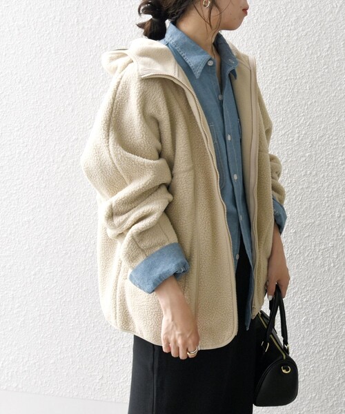 SHIPS any パーカー any:「洗濯機可能」ボア フリース フード ブルゾン