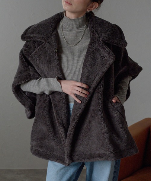 r.（アールドット） ポンチョ テディボア ケープコート レディース