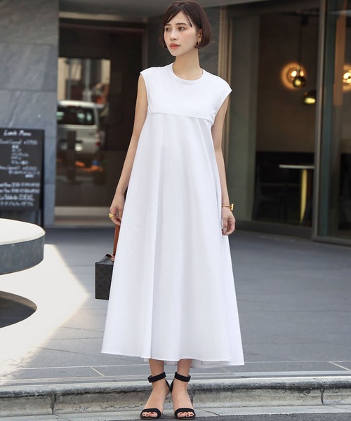 ELFRANK ワンピース 異素材ドッキングノースリーブフレアロング