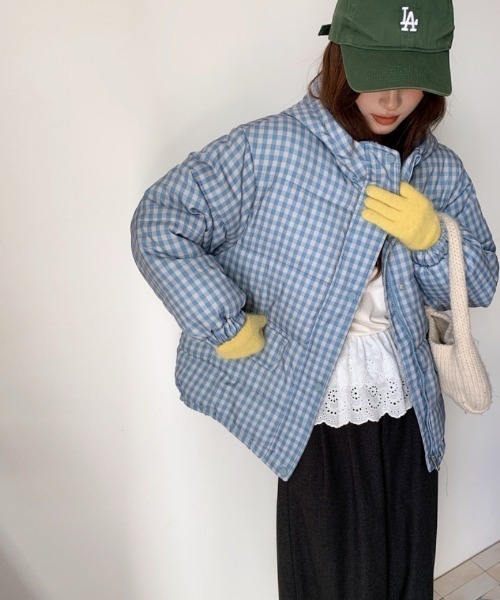 ダウンコート ダウンジャケット チェック柄BIGポケット エコダウン