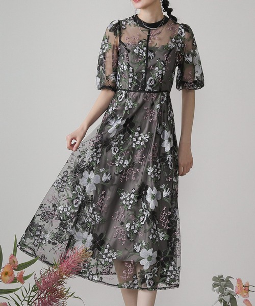 Kana ドレス シック フラワー刺繍 パーティー ドレス 結婚式 お呼ばれ