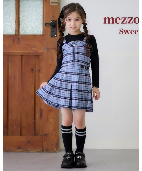 mezzo piano スカート サイドベルトつきチェックプリーツ キュロット